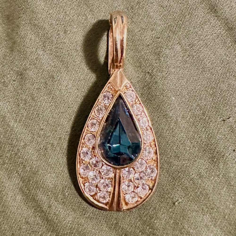 Vintage ROMAN Gold Tone Drop Clasp Pendant Blue and White Rhinestones